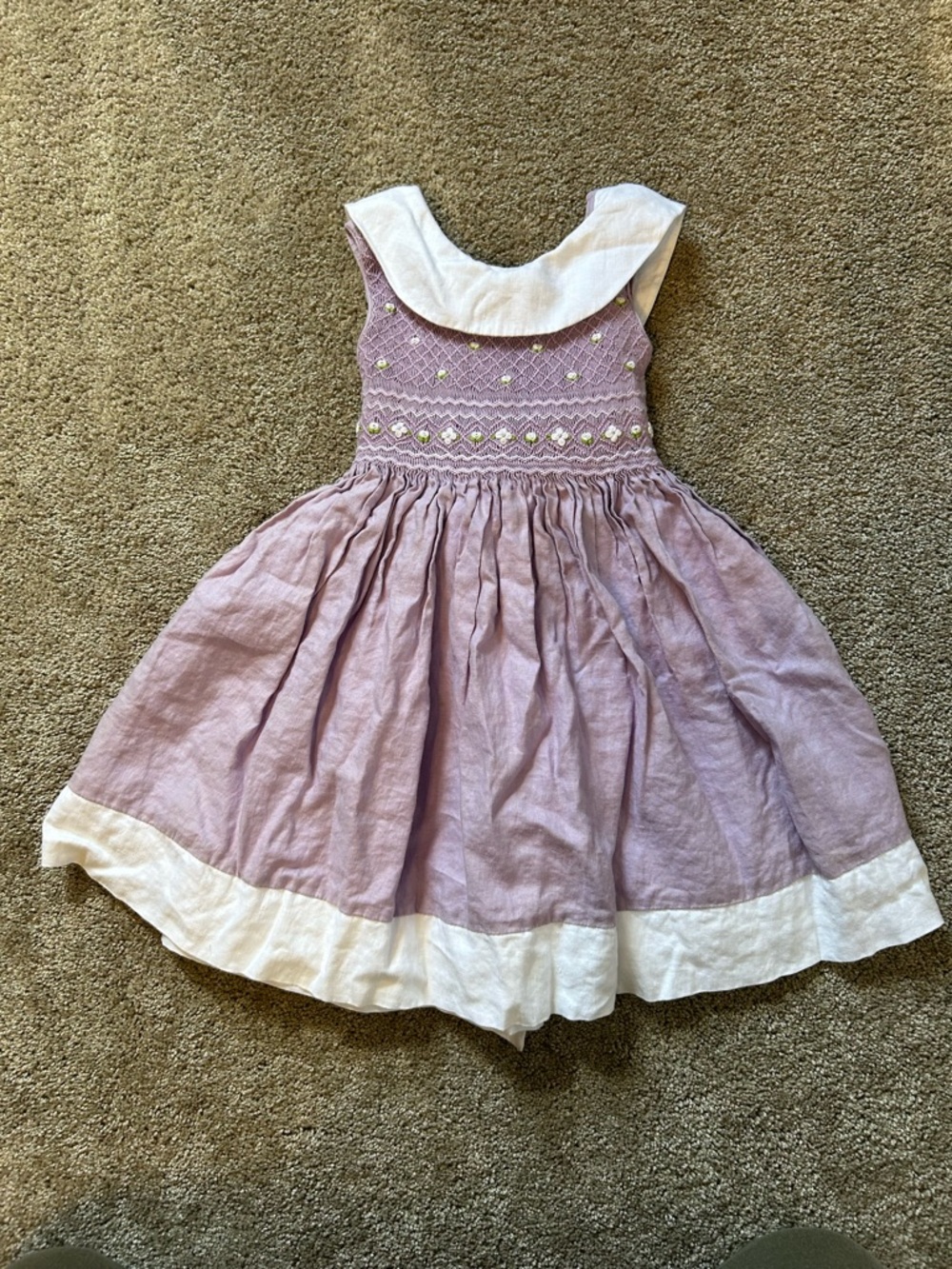 Lilac Smocked & Embroudered Collar Dress with White Trim. Anavini size 4